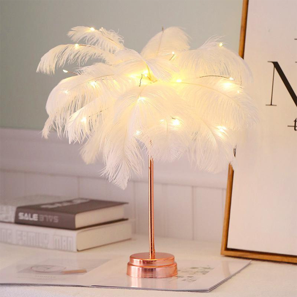 Feather Table Lamp Romantic Creative Feather Wedding Room Girl Bedroom Bedside Led Night Light Birthday Gift Home Decor