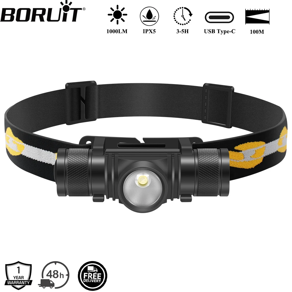 BORUiT D10 XM-L2 LED Mạnh 3000LM Chống Nước Đèn Pha Sạc USB 18650 Đầu Đèn Pin Cắm Trại Câu Cá Lồng Đèn