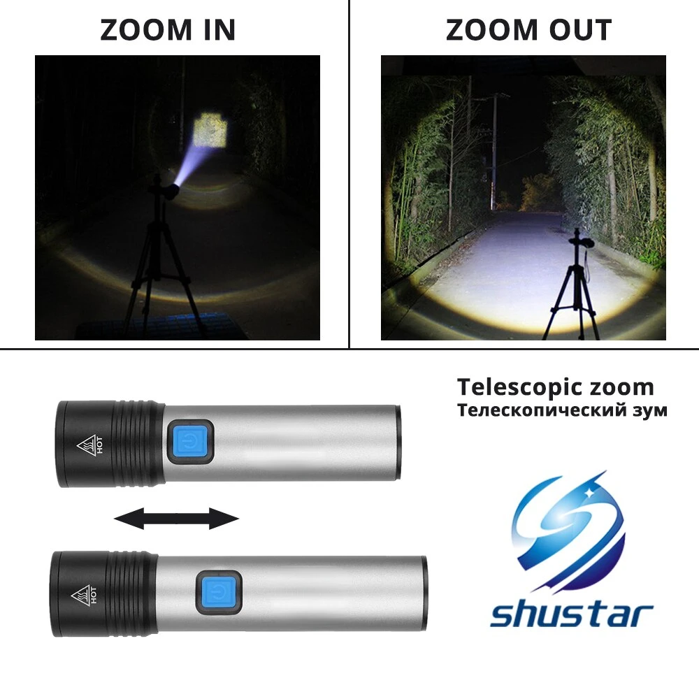 USB wiederaufladbare LED-Taschenlampe mit LED, eingebauter 1200 mAh Lithium-Akku, wasserdichte Campingleuchte, zoombare Taschenlampe