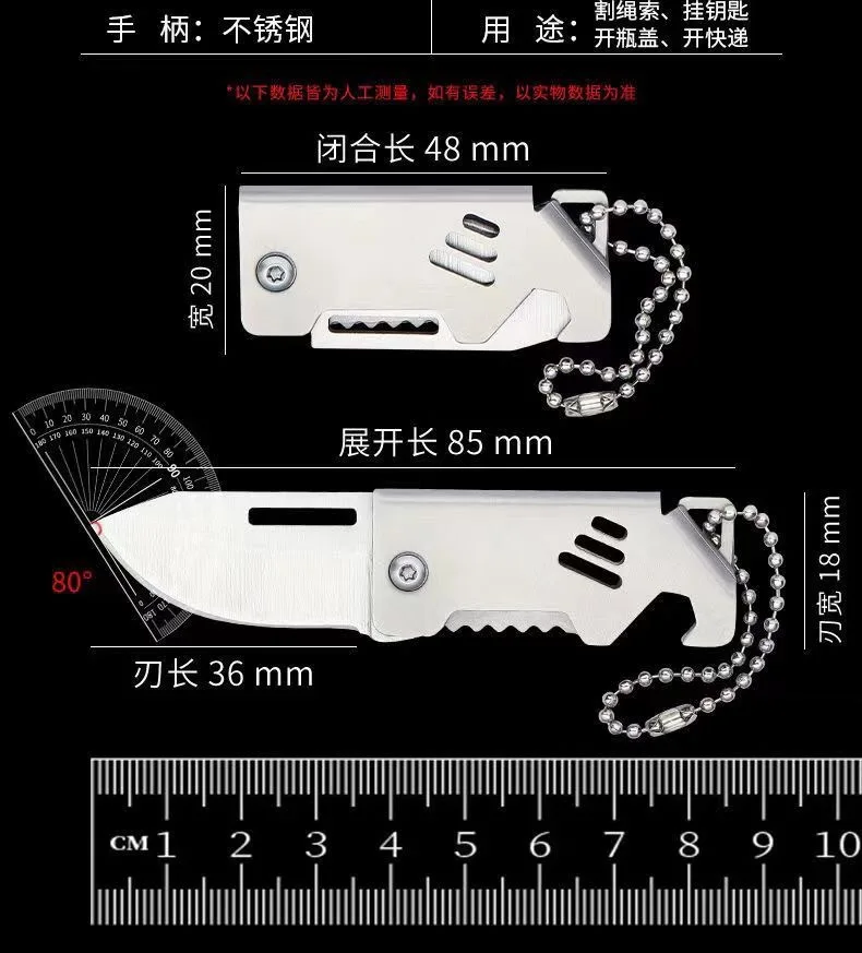 Mini cuchillo plegable, caja de acero inoxidable, cuchillo con apertura, cuchillo plegable afilado portátil para exteriores, cadena colgante para llaves