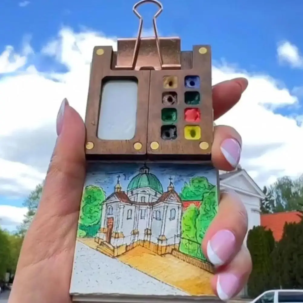 Paleta do szkicowania w 15 przegródkach, mini paleta z drewna orzechowego, podróżny pojemnik na akwarele do rysowania (bez kolorów)