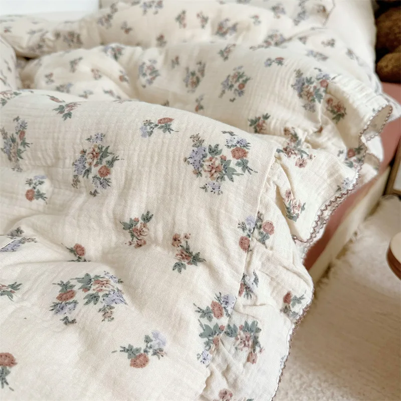 Hàn Quốc Bé Gái Cũi Bộ Chăn Ga Gối Thỏ Hoa Hồng Anh Đào In Hoa Cotton Muslin Cốt Chăn Ga Gối Bộ Túi Đựng Chăn Ga Áo Gối Chần Gòn