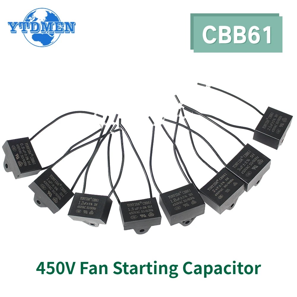 Конденсатор CBB61 450vac, пусковые конденсаторы вентилятора 450 в 0,8 мкФ 1 мкф 1,2 мкФ 1,5 мкФ 2 мкФ 3 мкФ 4 мкФ 4,5 мкФ 5 мкФ 6 мкФ 7 мкФ 8 мкФ 10 мкФ, 5 шт.