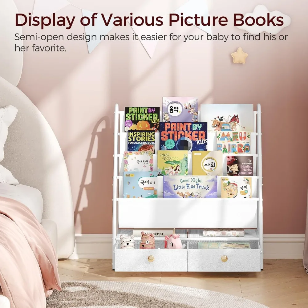 Kids Bookshelf, 4 Tier Bookcase, Kids Sling Book Rack with 2 Fabric Drawers, Storage Nursery Book Shelf for Children