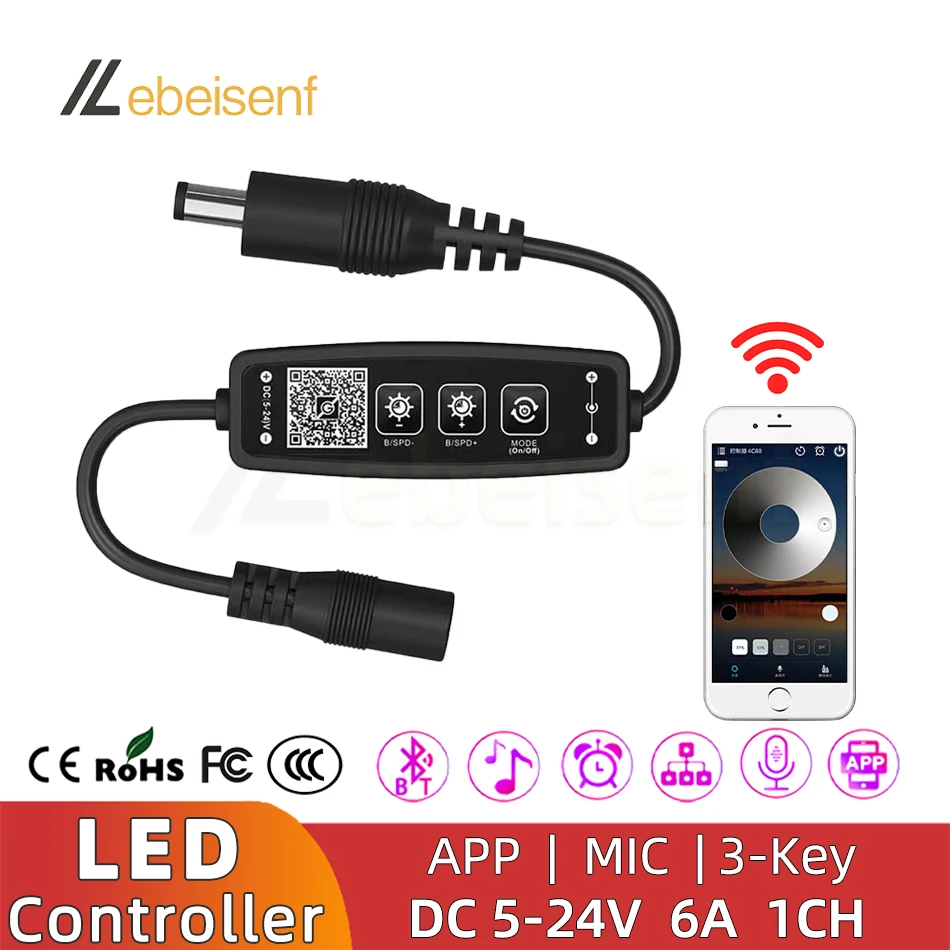 Nuevo DC 5V 12V 24V 6A tira de luz LED de un solo Color aplicación Bluetooth inteligente música micrófono sincronización grupo iluminación Mini controlador atenuador DIM