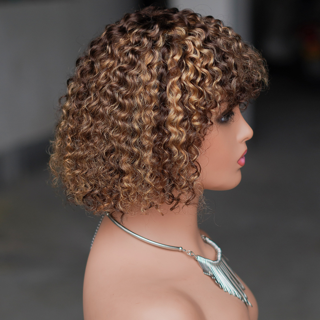 4/27# Kinky Curly Bob Wig, With Bangs Curly Pixie CutGlueless Wigs Machine Made Brazilian Human Hair Wigs, For Black Women