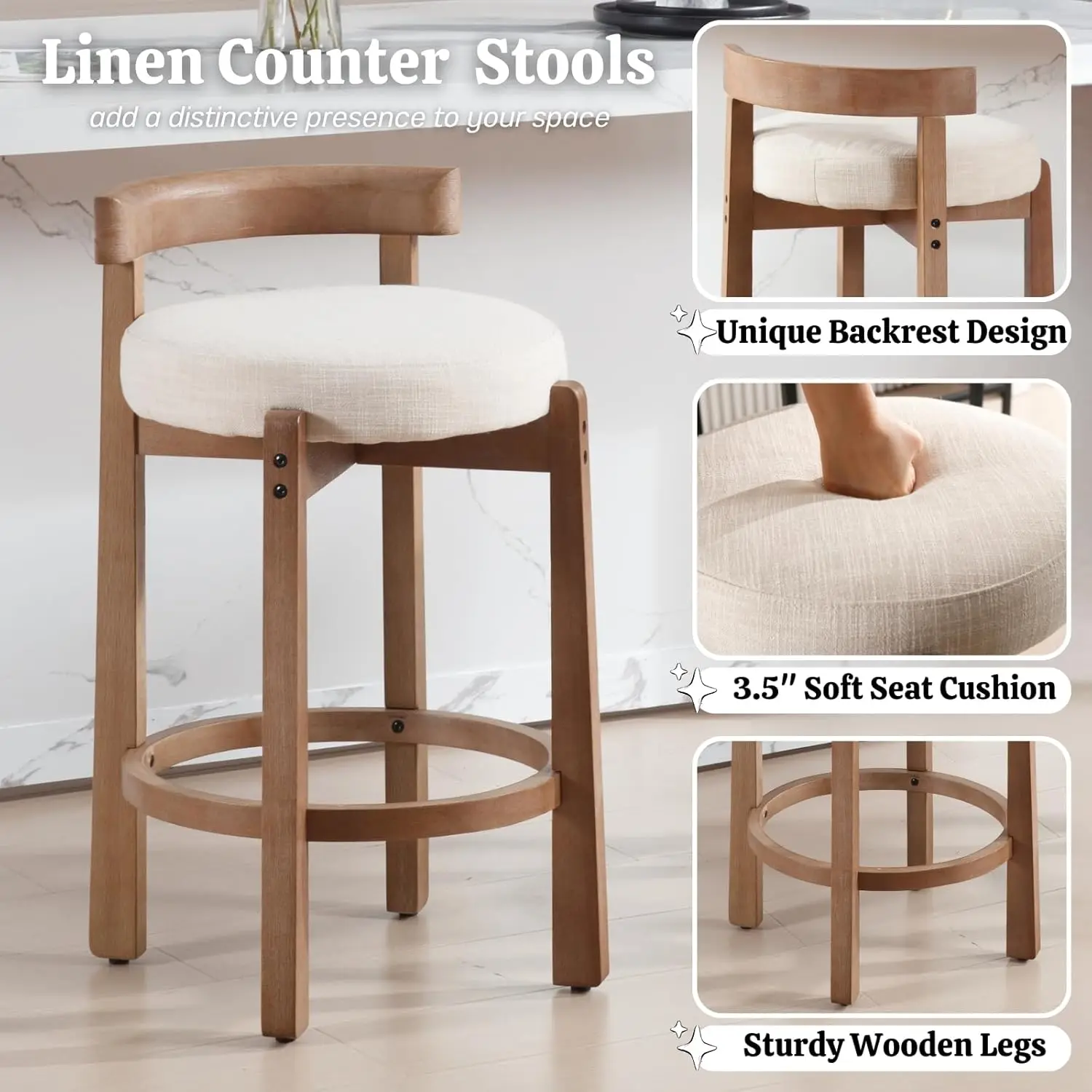 Century Modern Bar Stools Set of 2, 26.5" Counter Stools with Back, Linen Upholstered Barstools with Solid Wood Legs Bar Chairs