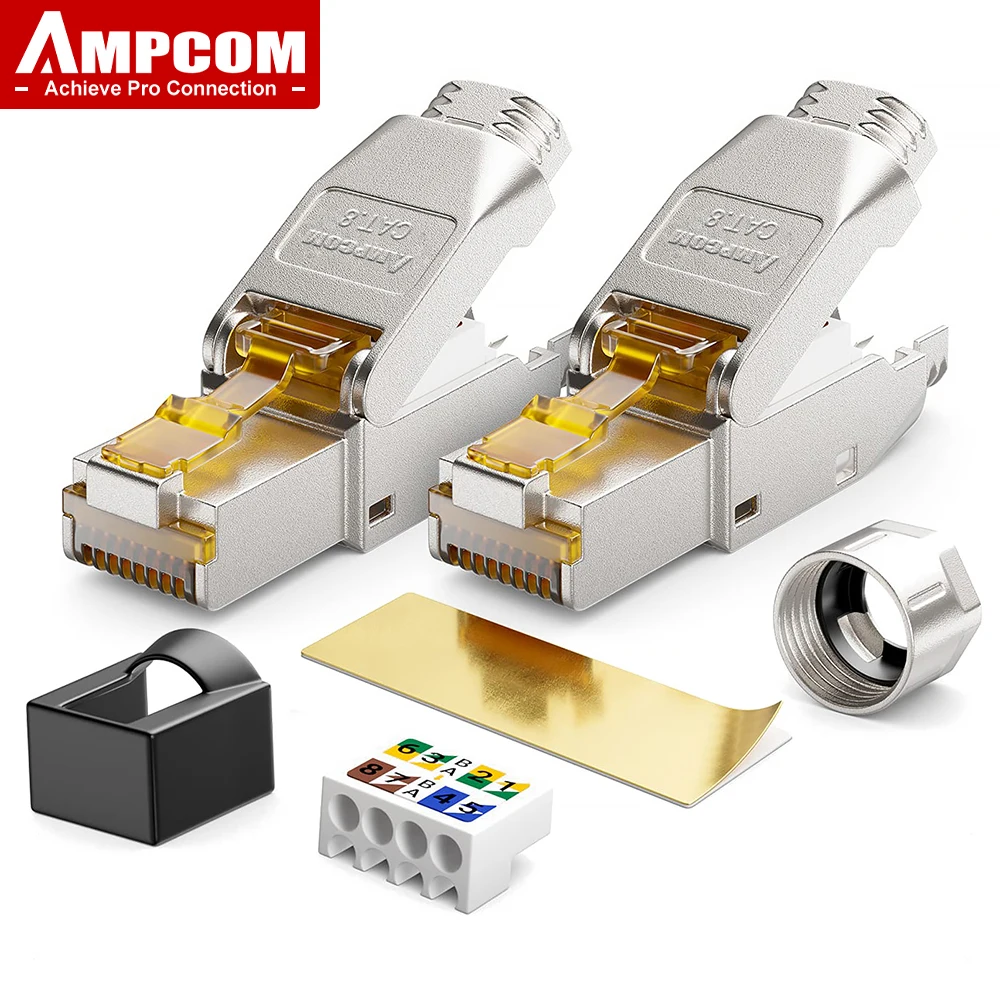 Разъем AMPCOM без инструментов RJ45, CAT8/7A/7/6A/6, многоразовые клеммные вилки без инструментов, экранированная полевая модульная вилка Ethernet