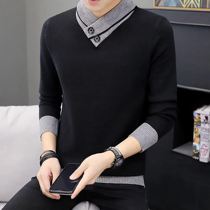 2023ฤดูใบไม้ร่วงฤดูหนาวผู้ชายเสื้อคอเต่าแขนยาวหนาเสื้อกันหนาวเกาหลีสีทึบSplicedถักPulloversชายเสื้อผ้า