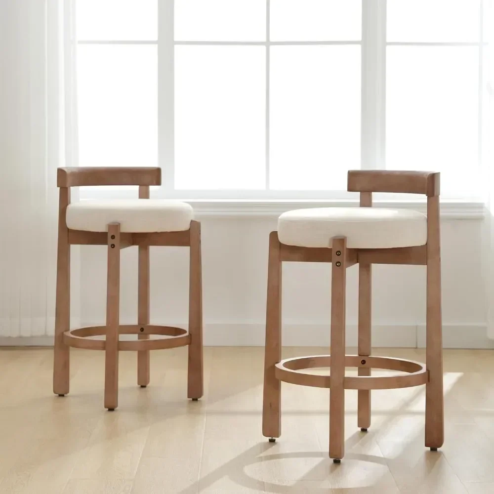 Century Bar Stools Set of 2, 26.5 Inch Linen Counter Height Upholstered Barstools Bar Chairs with Solid Wooden Legs