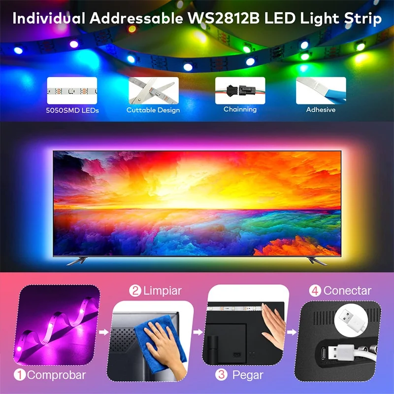 DC5V WS2812B tira Led RGB Bluetooth sincronización de música RGBIC persiguiendo Color de sueño USB 5050 tira de luz LED cinta Flexible cinta de diodo