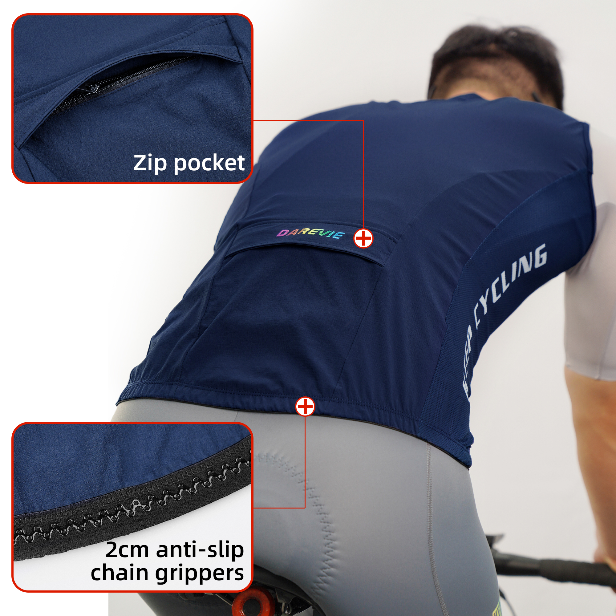 DAREVIE-Chaleco de ciclismo a prueba de viento para hombre y mujer, chaleco impermeable con cremalleras bidireccionales, cortavientos para ciclismo, bolsillos con cremallera trasera