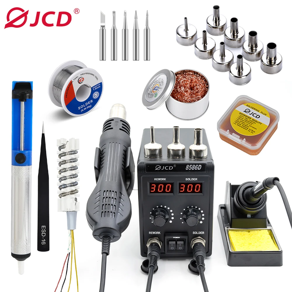 Estación de soldadura JCD 750W 8586D 2 en 1 pistola de aire caliente LCD pantalla Digital Dual soldador eléctrico Estación de Reparación de soldadura SMD