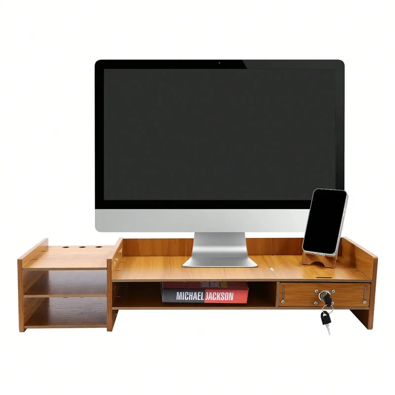 Supporto per monitor per computer con serratura, rack per laptop desktop a 2 tasti con cassetti, con supporto per telefono, legno