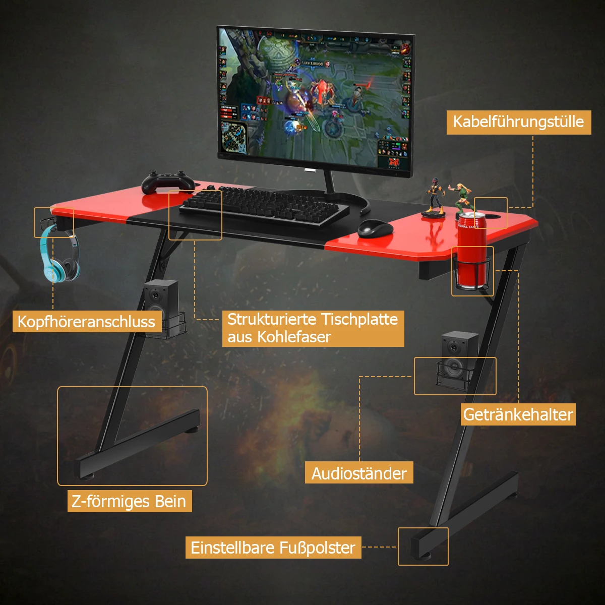 Z-förmige Gaming Tisch, Computertisch, PC Tisch mit Becherhalter, Kopfhörerhaken und Boxenständern, Schreibtisch für Zuhause