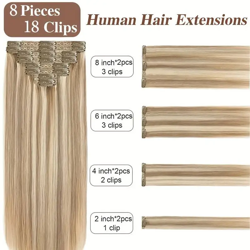 8 ชิ้นคลิปในส่วนขยายของผม 100% ผมมนุษย์จริง P8/613 สีน้ําตาลไฮไลท์สีบลอนด์สําหรับผู้หญิงทุกวันจริงสวมใส่ง่าย To Go