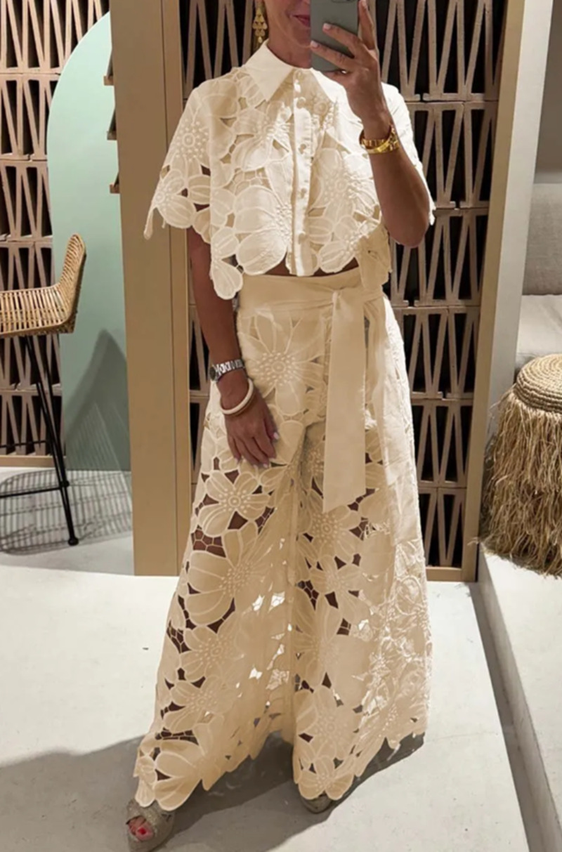 Conjunto de 2 piezas con solapa elegante para mujer, Top corto de media manga + pantalones de pierna ancha, traje holgado de Color sólido a la moda para primavera