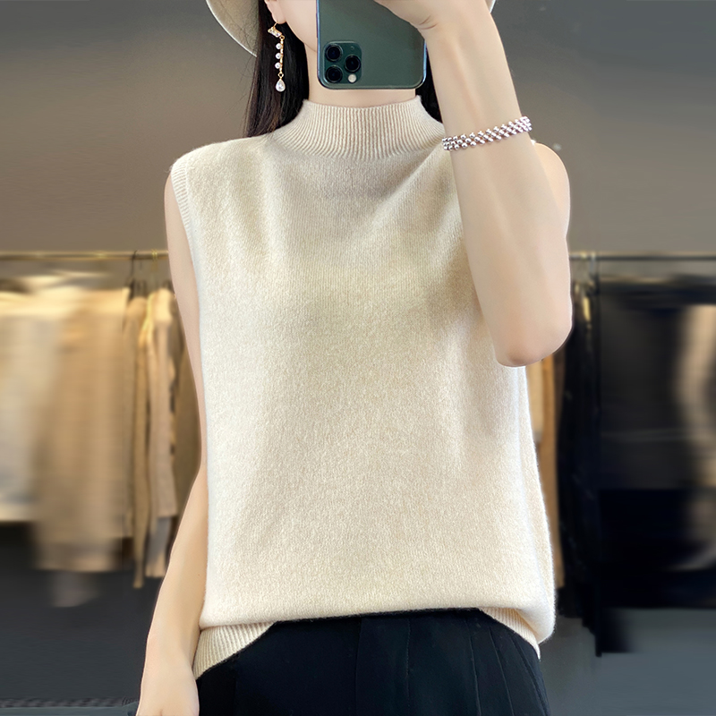 2024 Cashmere Vest Women's 100% Merino Wool Pullover Indoor Sleeveless Sweater Half-turtleneck Office Tops Waistcoat