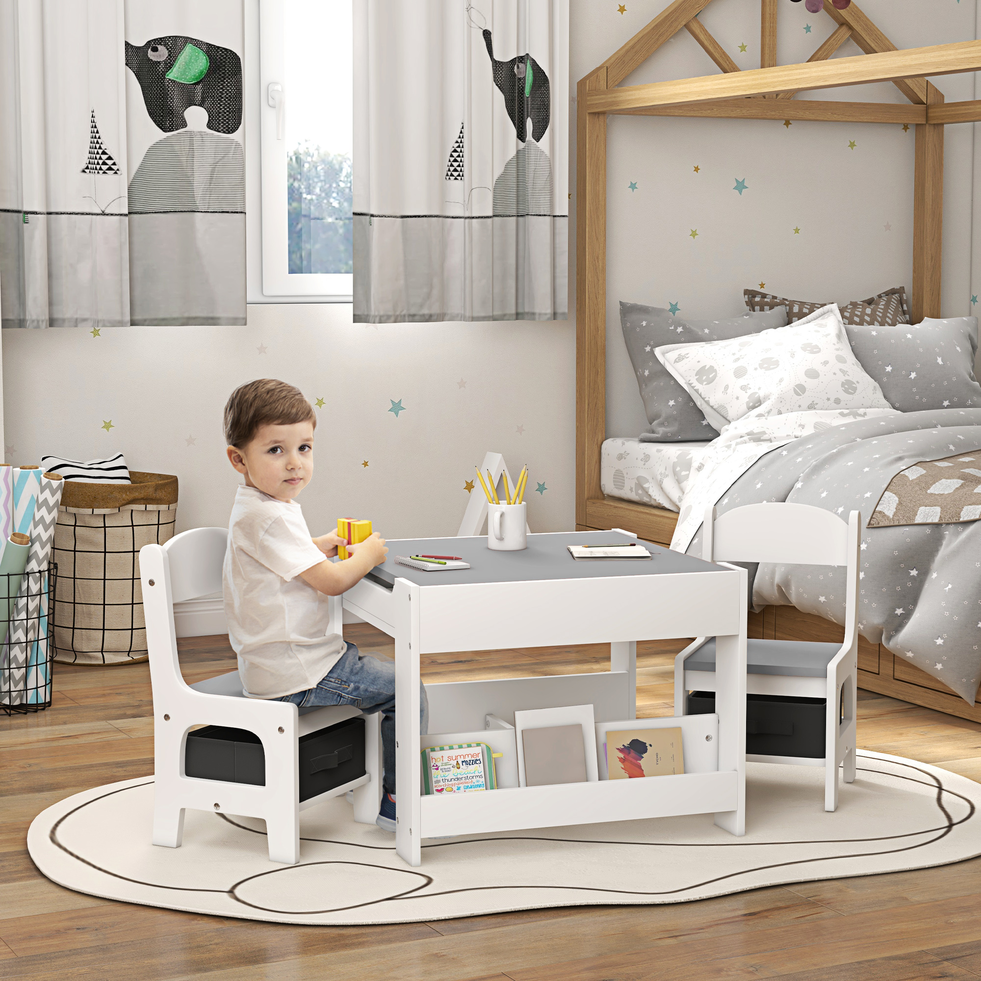 Homcom 2-In-1 Bord En Kinderstoelen Bezet Met Grijze Leisteen