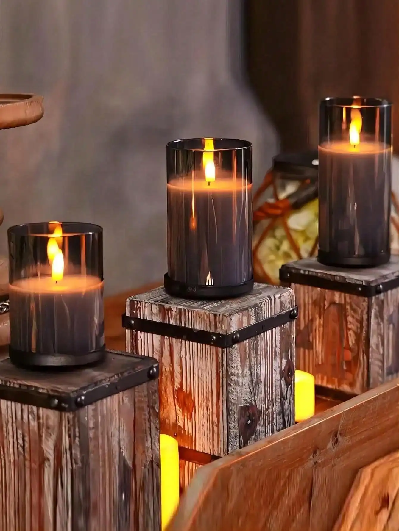 3D Flameless LED Candle Light Glass Jar Gray Amber Set 3 Candles Real Paraffin Wax LED Candles With Remote Control 2AA Battery