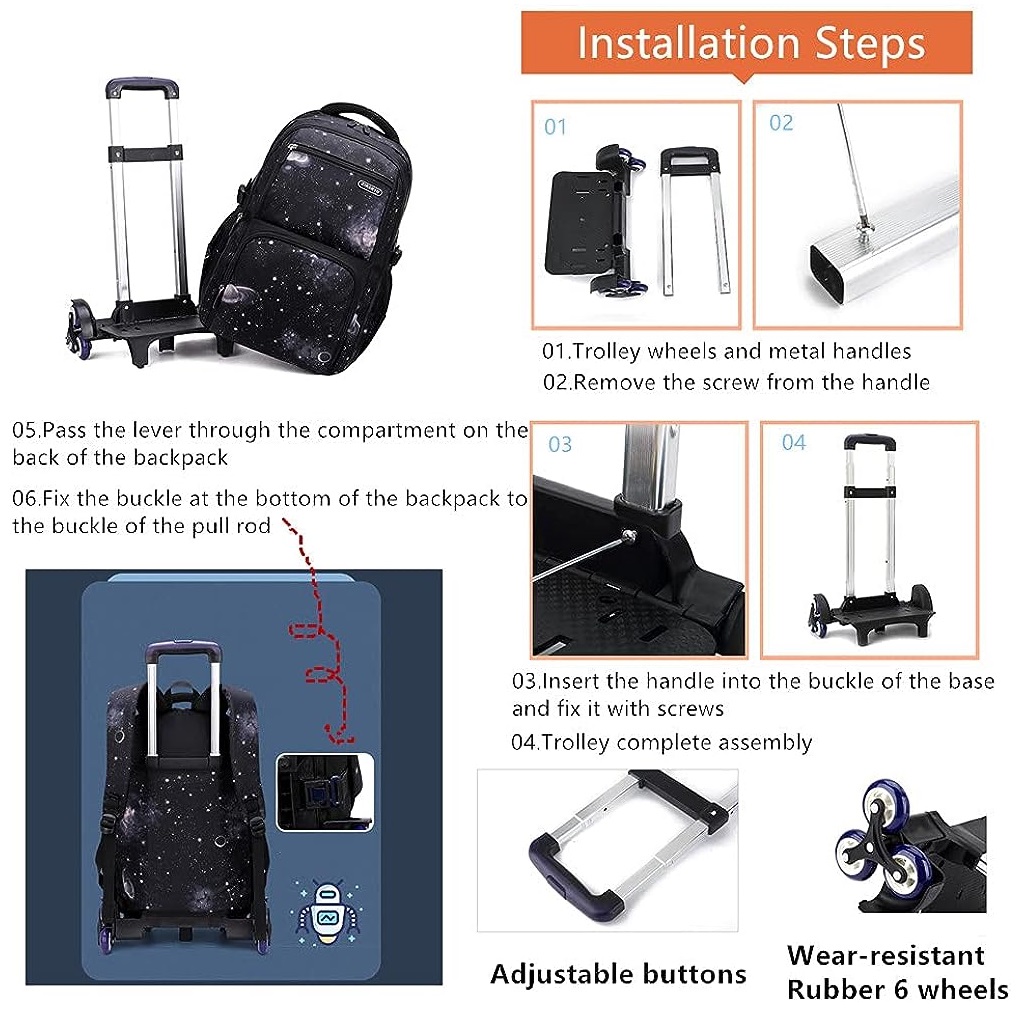 Mochila escolar infantil com rodas, mochila escolar com rodas para meninos, 6 rodas, carrinho, bagagem de mão com lancheira