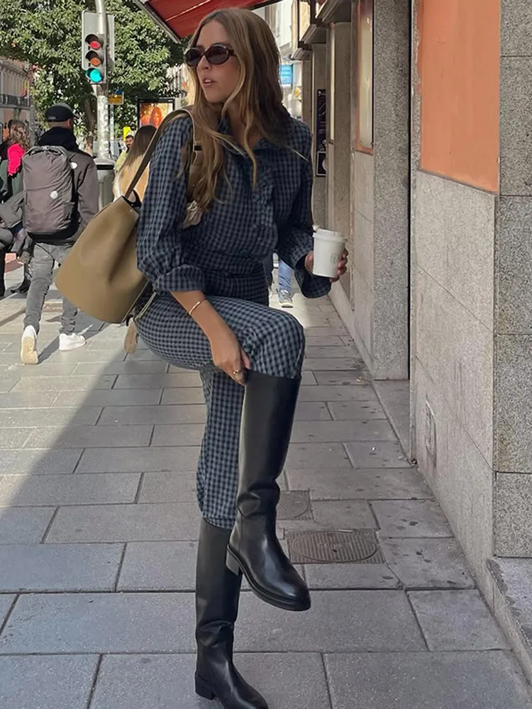 ヴィンテージシングルブレストジャンプスーツ,チェック柄フラウンスヘム,スタンドカラー,長袖,ストリートウェア,通勤,春,2022