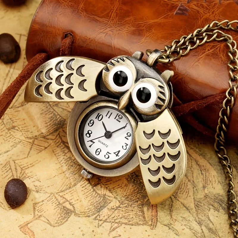 Neue Bronze Eule Kreative Taschenuhr Retro Beliebte Display Quarz Taschenuhr Anhänger Uhr Männer Frauen Kette Geschenk
