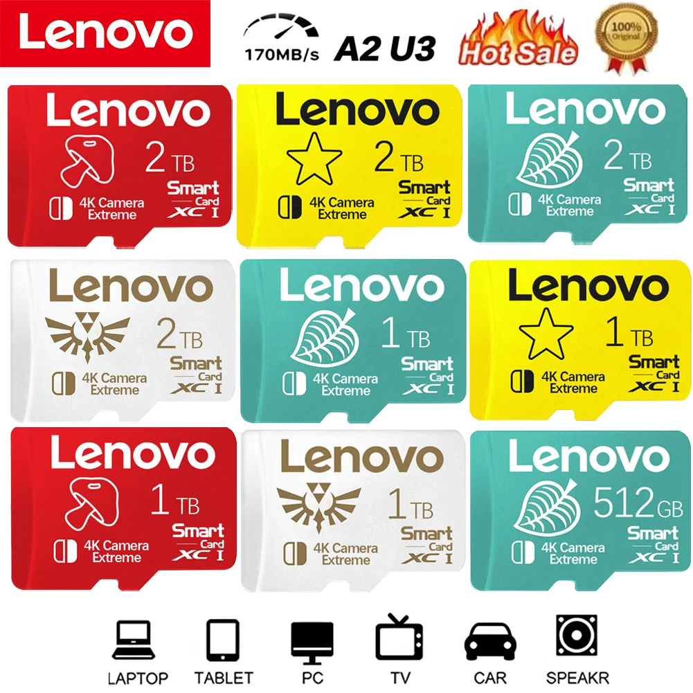 Tarjeta SD Micro TF V10 de alta velocidad Lenovo de 2TB, tarjeta de memoria de 1TB y 512GB, tarjeta SD de 256GB y 128GB perfecta para Nintendo Switch