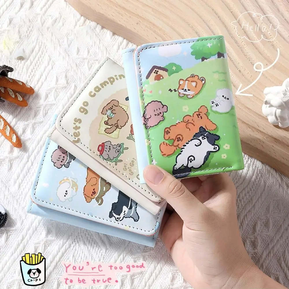 Porte-monnaie en cuir PU Simple 3 plis INS Style porte-carte de crédit mignon chaton chien carte portefeuilles pour filles étudiants cadeau