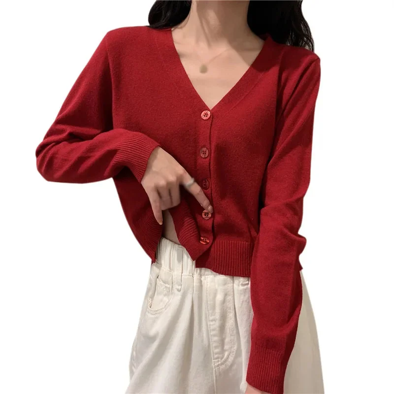 Frauen Langarm Abgeschnitten Strickjacke V-ausschnitt Button-Down-Stricken Dame Herbst Frühling Gestrickte einreiher Strickjacke Pullover