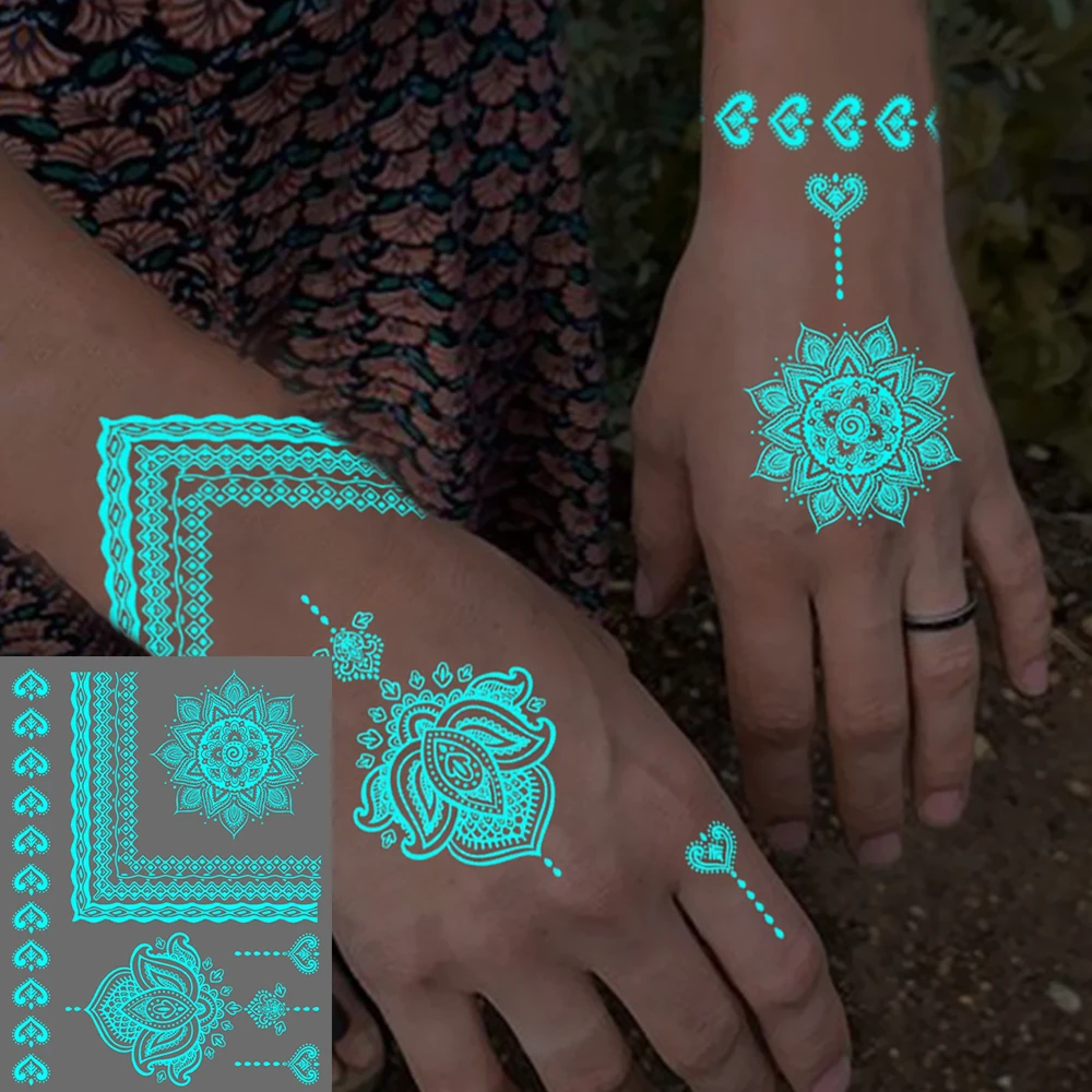 Blau Leuchtende Glow Hand Henna Wasserdicht Temporäre Tattoo Aufkleber Mandala Spitze Blume Flash Tato Frauen Männer Körper Kunst Gefälschte Tattoos