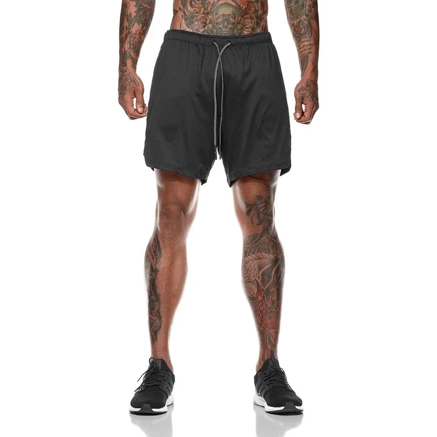 Men Fitness Built-in pocket sports Shorts Summer 2 In 1 Quick Dry Gym Beach shorts Running Double-deck Shorts mesh sweatpants