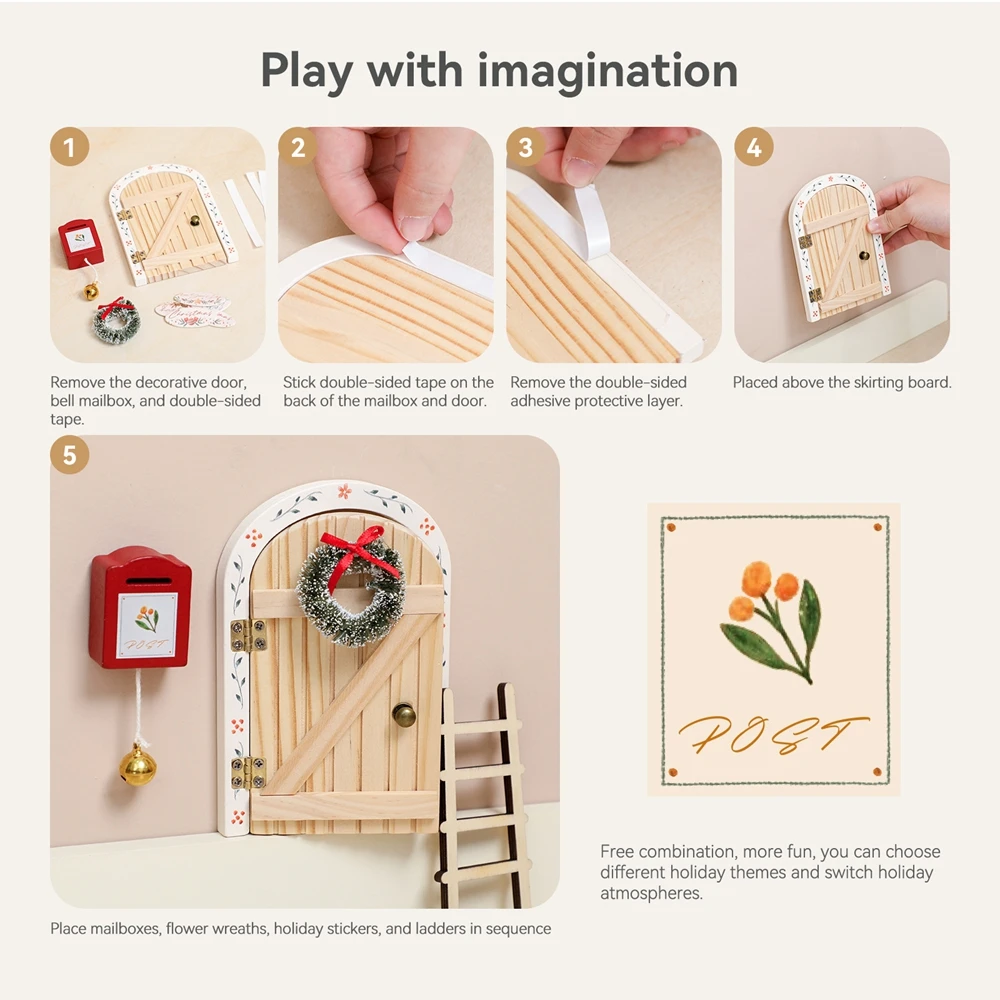 Casa de bonecas mini decorações para casa estilo natal porta elfo de madeira com acessórios decoração da escada da parede do quarto do bebê presentes do bebê