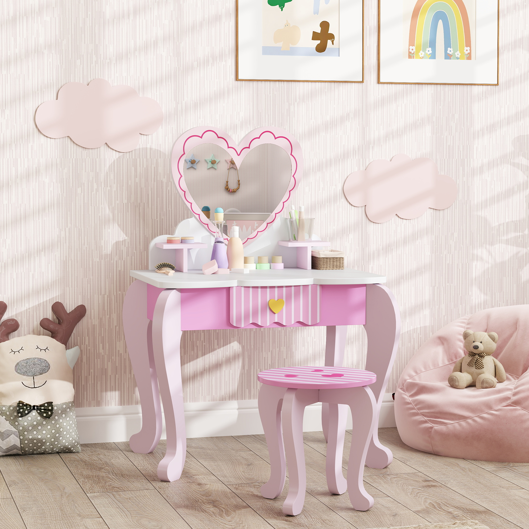 AIYAPLAY 2 PCS Kids Dressing Table Set with Stool, Mirror, Drawer, Desktop Storage, Heart Theme Girls Makeup Desk & Chair, Pink
