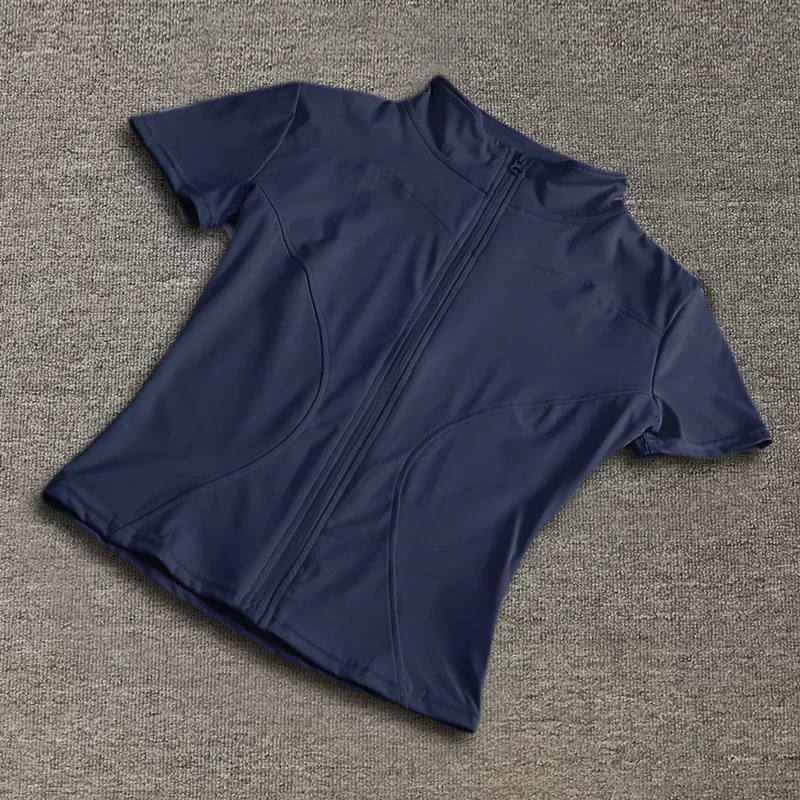 Zomer hoge kwaliteit taille afslanktraining tops dames sneldrogende strakke opstaande kraag volledige ritssluiting korte mouwen yoga shirts