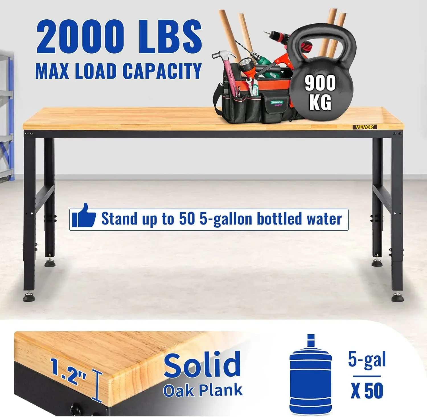 Workbench Adjustable Height, 61" x 20" Garage Table with 27.1" - 36" Heights & 2000 LBS Load Capacity, with Power Outlets