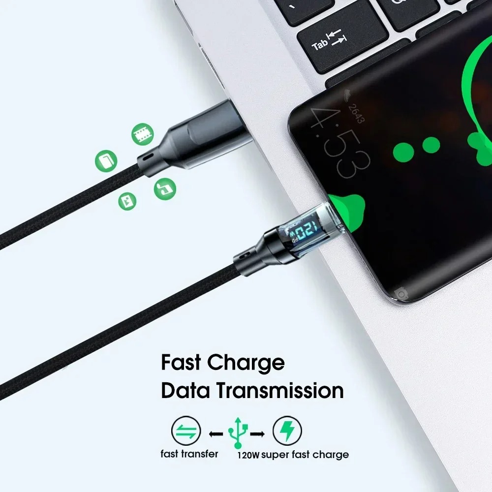 120W USB to Type C Cable Phone Super Fast Charging Cable With LED Display 100W Type-C To Type-C Data Cord For Huawei Oppo Vivo