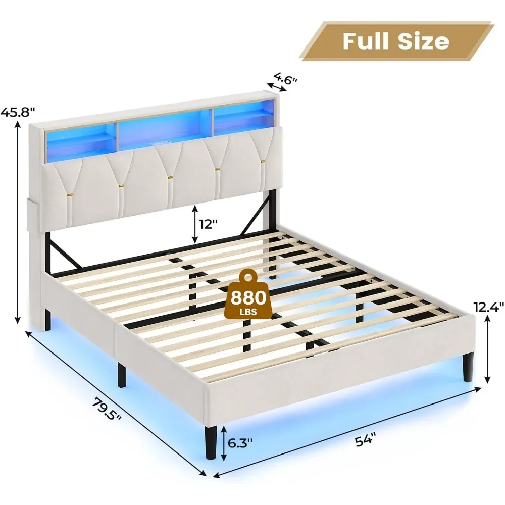 Full Size Bed Frame with Headboard Storage & LED Lights, with Charging Station, Velvet Upholstered Bed with Shelf Headboard
