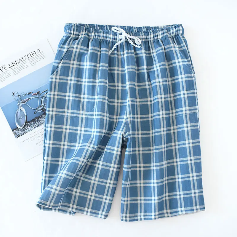 Männer Baumwolle Gaze Hosen Plaid Gestrickte Schlaf Hosen Frau Pyjamas Hosen Böden Nachtwäsche Kurze für Paare Pijama Hombre