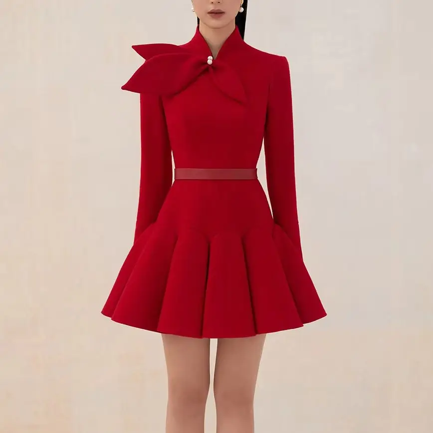 Alfaiate vestido de lã vermelho claro retrô slim feminino vestido de luxo leve vestidos semi-formais