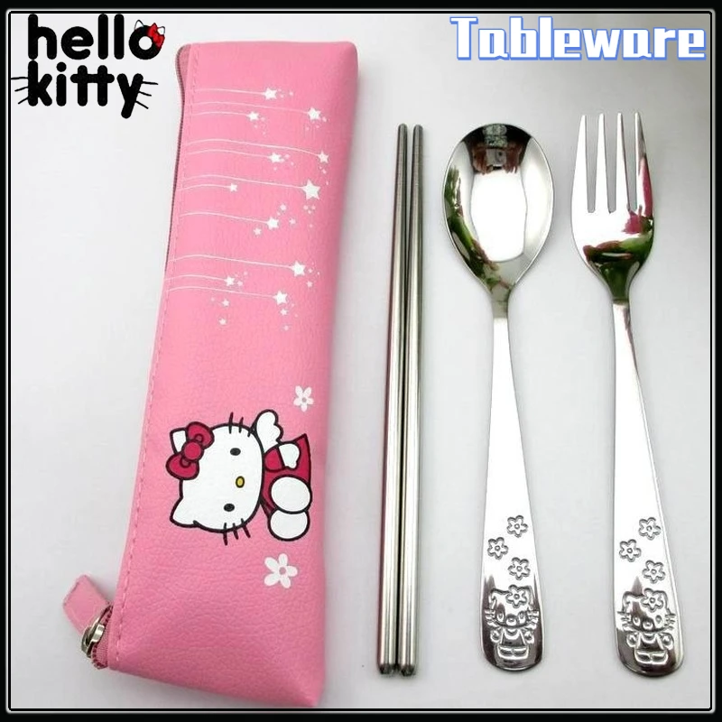 Vajilla de Hello Kitty para bebé, juego de cuchillo portátil, tenedor, cuchara, palillos, cuchara de postre para niños, tenedor, cubiertos de alimentación para bebé, regalo