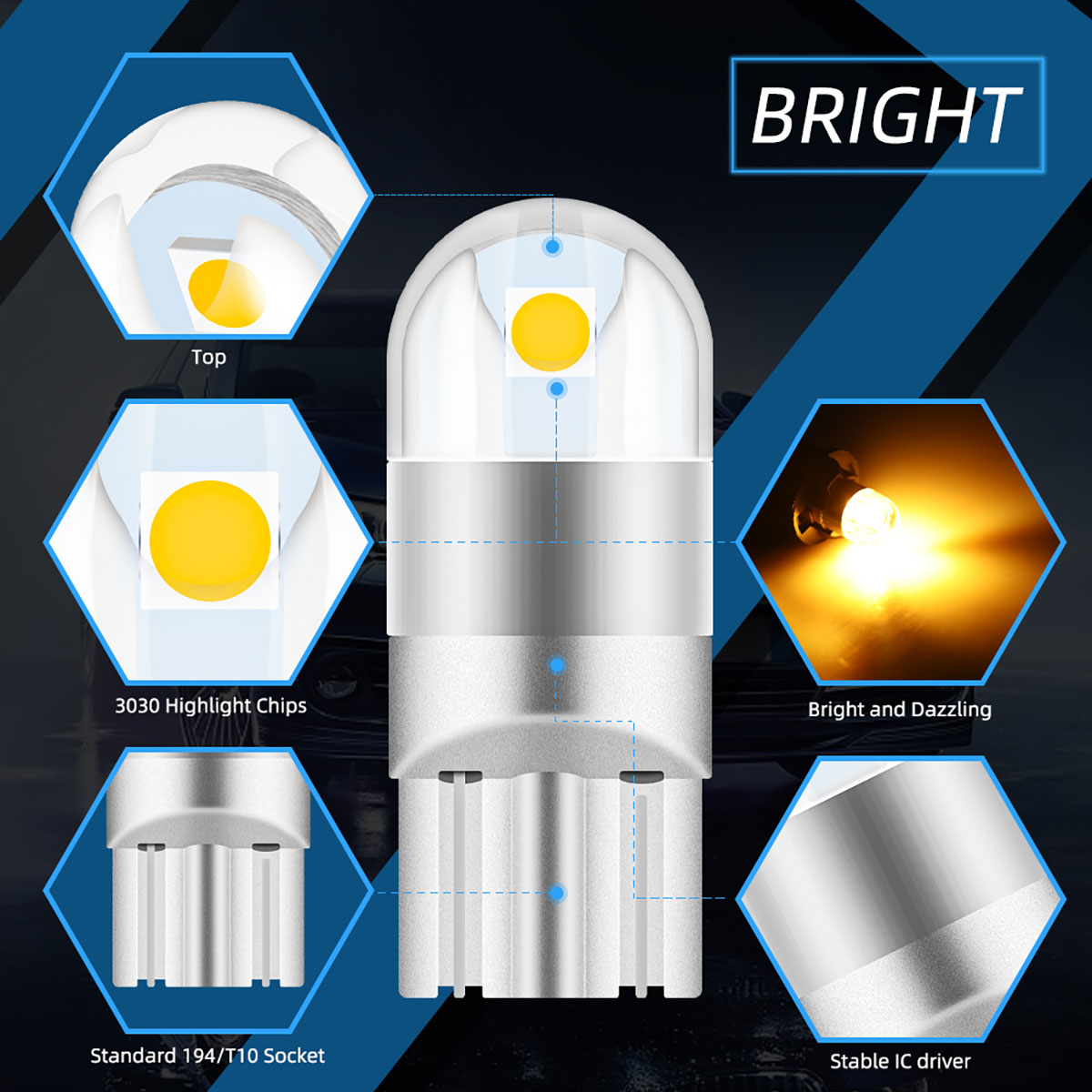 2Pcs T10 LED W5W 3030 SMD Bulbs Car Parking Signal Lights Auto Interior Map Dome Reading Lights Wedge Clearance Light White 12V