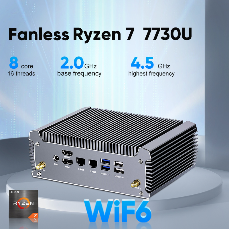 Fanless AMD Mini PC FU02 Ryzen 7 7730U 5800U มินิคอมพิวเตอร์ Windows 11 Dual LAN ไฟร์วอลล์ PC 2 * HDMI2.0 NVMe DDR4 WiFi6