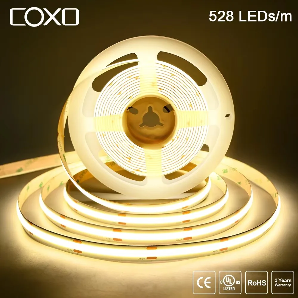 Tira de luces LED COB regulable lineal de 24V y 12V, cinta de cinta LED Flexible de 10mm y 528LED RA90 para decoración de habitación, iluminación de 3000K, 4000K y 6500K