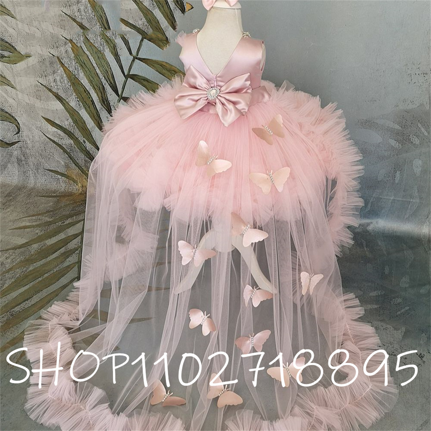 Robe Bouffante Rose avec Traîne pour Petite Fille, Tenue à Fleurs avec Nministériels d Mignon, pour Communion, Anniversaire d'Enfant