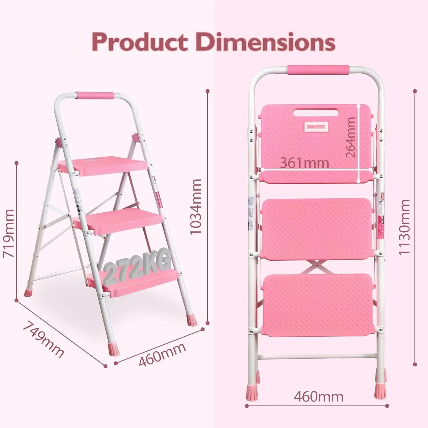 （Free shipping）   Ladder with Non-Slip and Wide Pedal, Small Ladder with Handle, Sturdy Steel Ladder, Lightweight and Porta