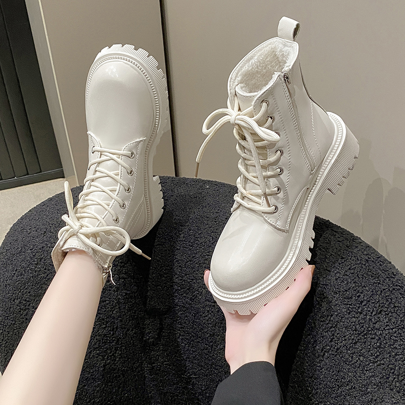 Botas de mujer 2024 Otoño/Invierno nuevo estilo británico de moda de felpa botas de moto de fondo grueso botas de nieve cómodas con cremallera de encaje