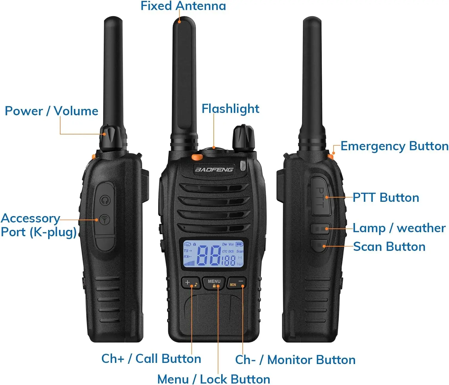 Baofeng BF-88ST pro walkie talkie, verbesserte wiederauf ladbare lizenz freie pmr446 Funkgeräte mit lcd-display, 4er Pack