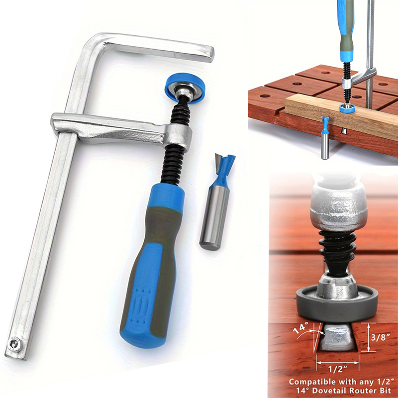 Dovetail Clamp With Soft-Grip Handle + Dovetail Router Bit ,for Track Saw Guide Rail DIY Desktop Groove Clip Woodworking tool