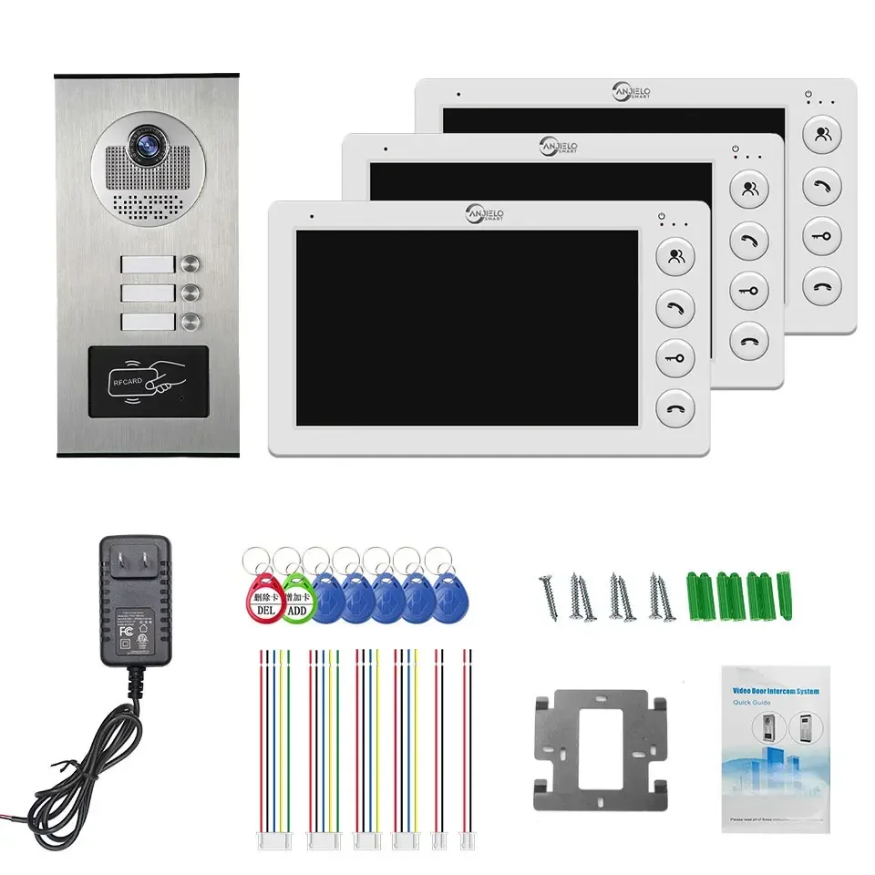 Sistema de intercomunicação com desbloqueio de cartão RFID, campainha de vídeo, telefone com 4 fios, 2-3 unidades, multi apartamento, 7in